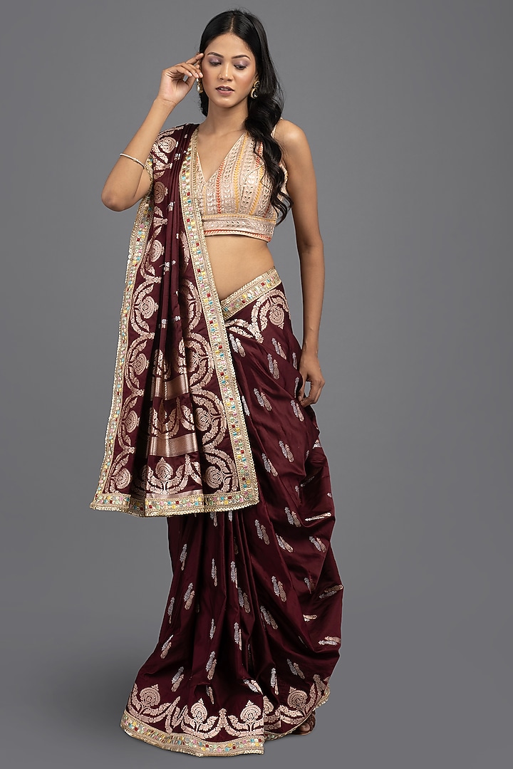 Wine Pure Silk Banarasi Handloom Party Wear Saree Set by Zal From Benaras at Pernia's Pop Up Shop