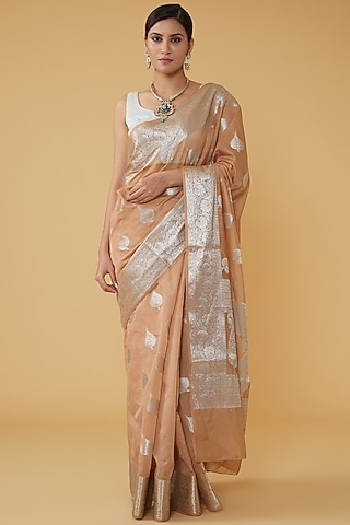 Peach Pure Silk Banarasi Handloom Saree Set by Zal From Benaras