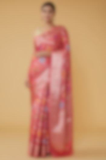 Bright Peach Pure Silk Banarasi Handloom Festive Saree Set by Zal From Benaras at Pernia's Pop Up Shop