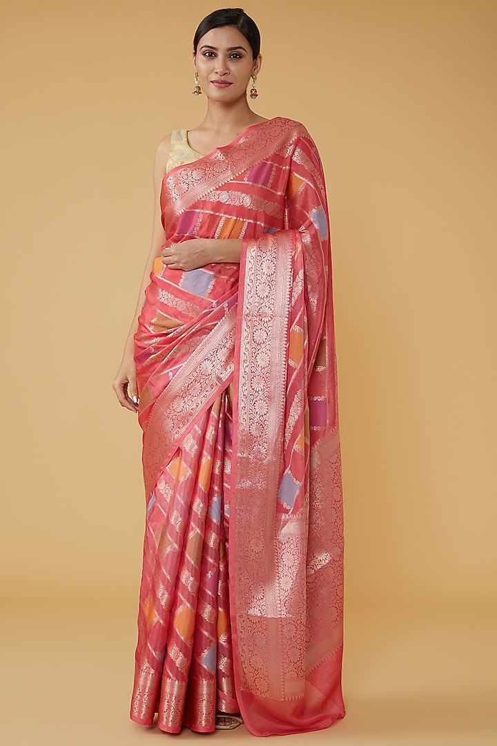 Bright Peach Pure Silk Banarasi Handloom Festive Saree Set by Zal From Benaras at Pernia's Pop Up Shop