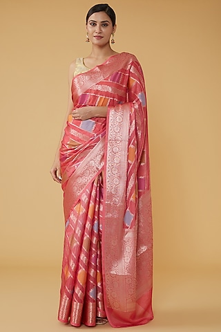 Bright Peach Pure Silk Banarasi Handloom Saree Set by Zal From Benaras