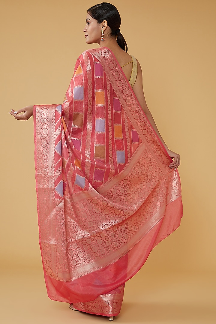Bright Peach Pure Silk Banarasi Handloom Festive Saree Set by Zal From Benaras at Pernia's Pop Up Shop