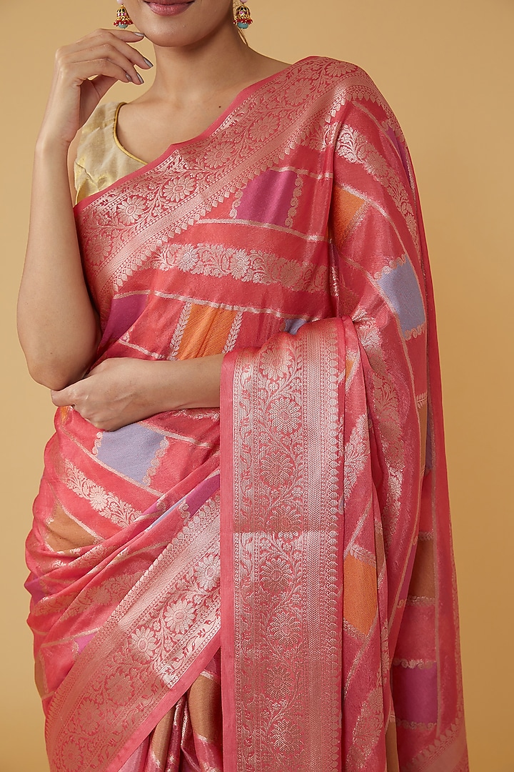 Bright Peach Pure Silk Banarasi Handloom Festive Saree Set by Zal From Benaras at Pernia's Pop Up Shop
