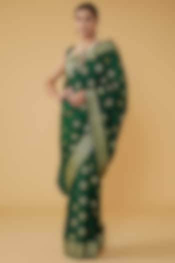 Bottle Green Pure Silk Banarasi Handloom Festive Saree Set by Zal From Benaras at Pernia's Pop Up Shop