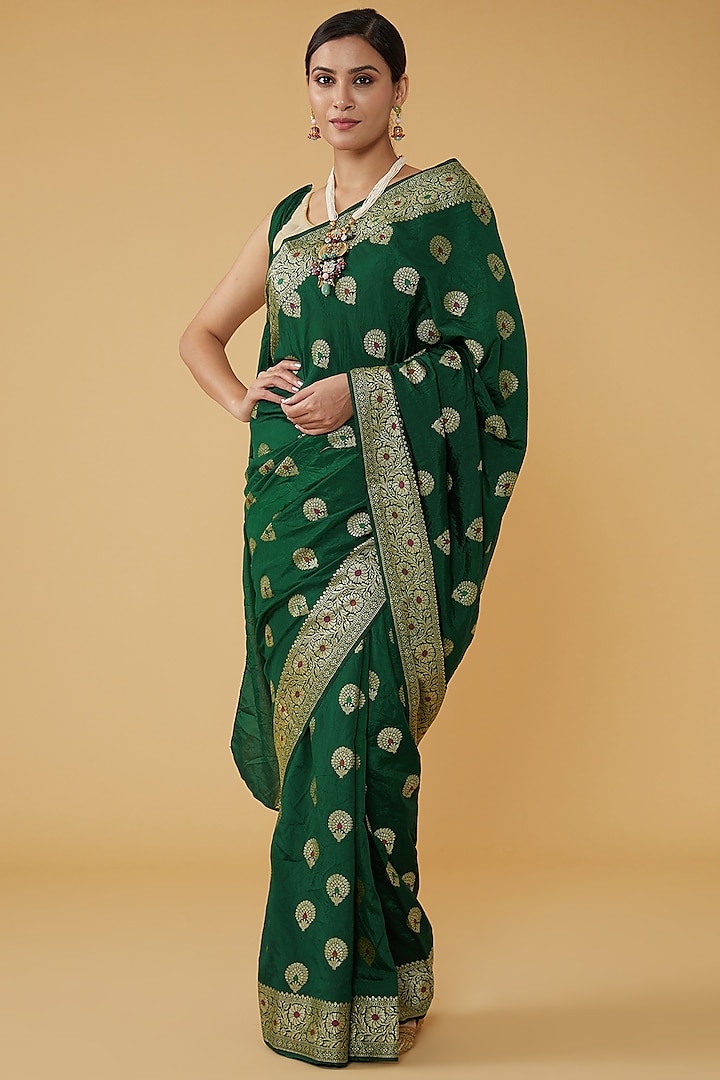 Bottle Green Pure Silk Banarasi Handloom Festive Saree Set by Zal From Benaras at Pernia's Pop Up Shop