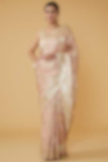 Pastel Pink Pure Satin Silk Banarasi Handloom Party Wear Saree Set by Zal From Benaras at Pernia's Pop Up Shop