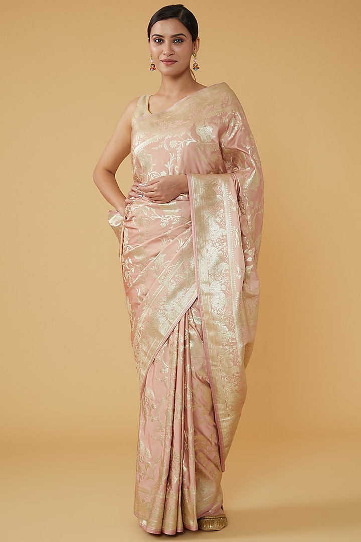 Pastel Pink Pure Satin Silk Banarasi Handloom Party Wear Saree Set by Zal From Benaras at Pernia's Pop Up Shop