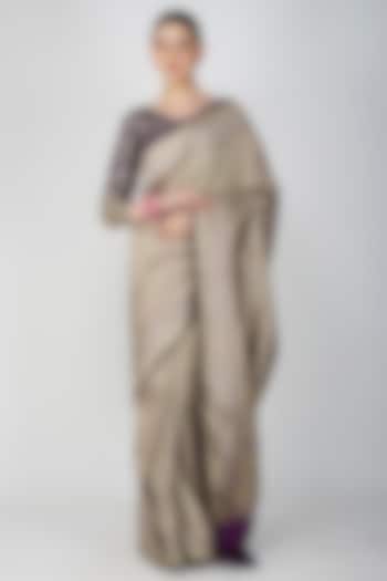 Yellow & Purple Pure Katan Silk Hand Embroidered Banarasi Party Wear Saree Set by Zal From Benaras at Pernia's Pop Up Shop