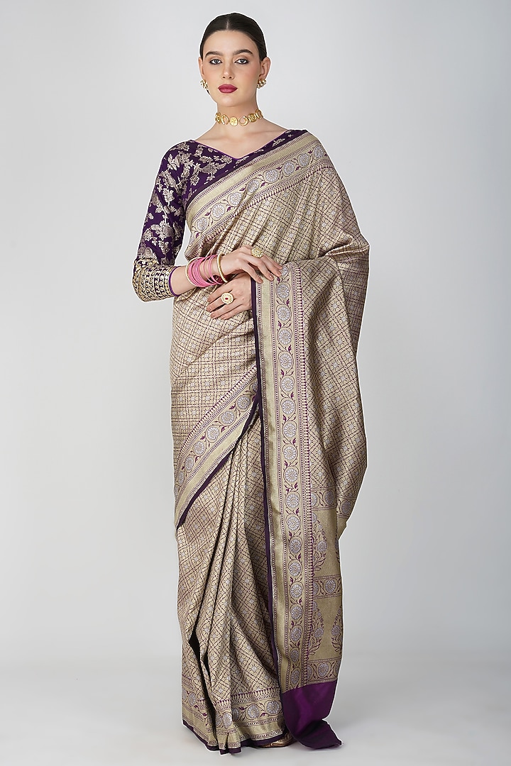 Yellow & Purple Pure Katan Silk Hand Embroidered Banarasi Party Wear Saree Set by Zal From Benaras at Pernia's Pop Up Shop