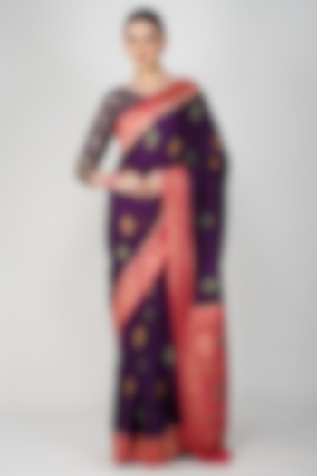 Purple Pure Katan Silk Hand Embroidered Banarasi Party Wear Saree Set by Zal From Benaras at Pernia's Pop Up Shop