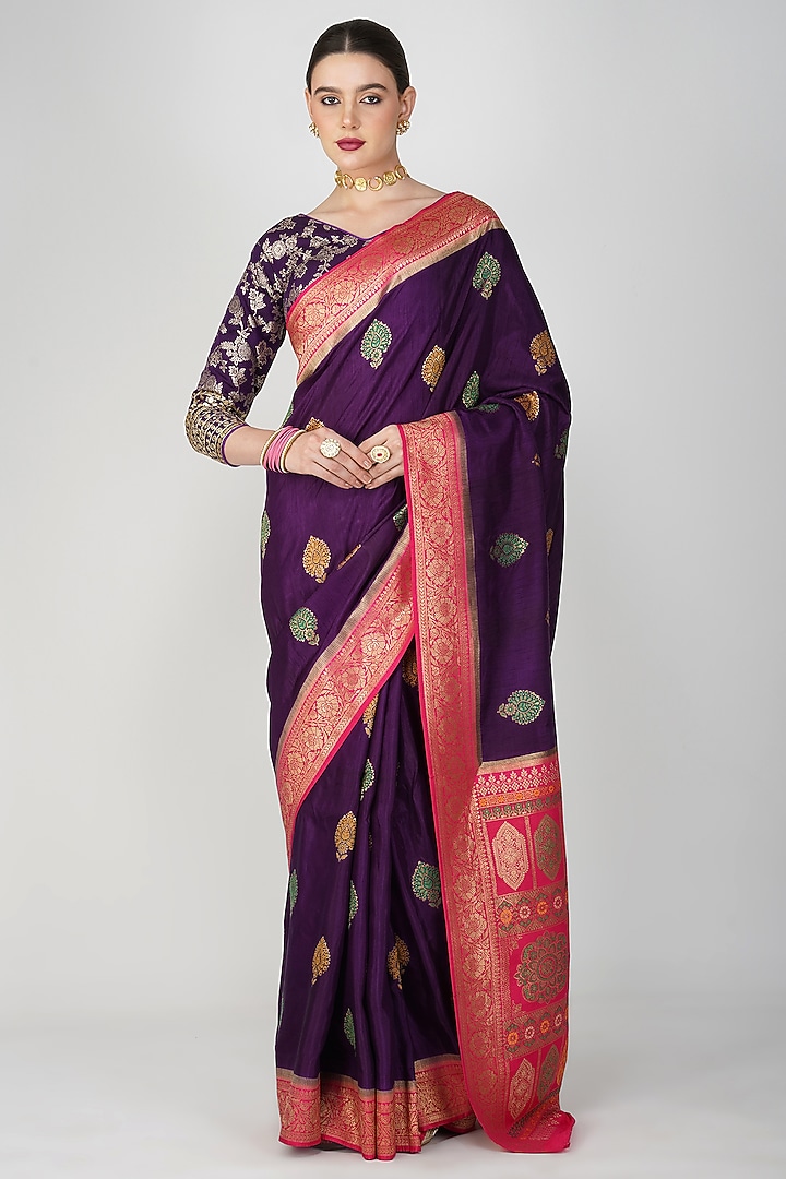 Purple Pure Katan Silk Hand Embroidered Banarasi Party Wear Saree Set by Zal From Benaras at Pernia's Pop Up Shop