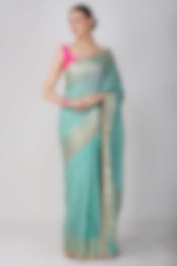 Sea Green Pure Silk Hand Embroidered Banarasi Festive Saree Set by Zal From Benaras at Pernia's Pop Up Shop