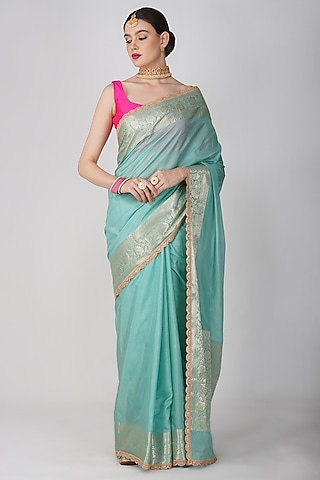 Sea Green Pure Silk Hand Embroidered Banarasi Saree Set by Zal From Benaras