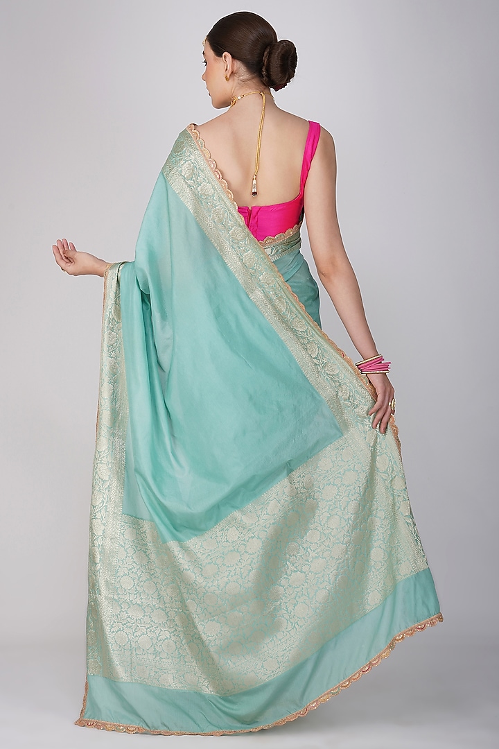 Sea Green Pure Silk Hand Embroidered Banarasi Festive Saree Set by Zal From Benaras at Pernia's Pop Up Shop