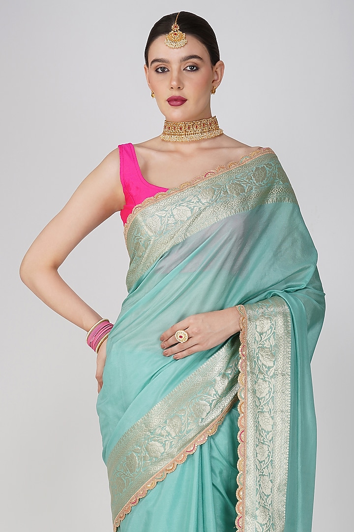 Sea Green Pure Silk Hand Embroidered Banarasi Festive Saree Set by Zal From Benaras at Pernia's Pop Up Shop