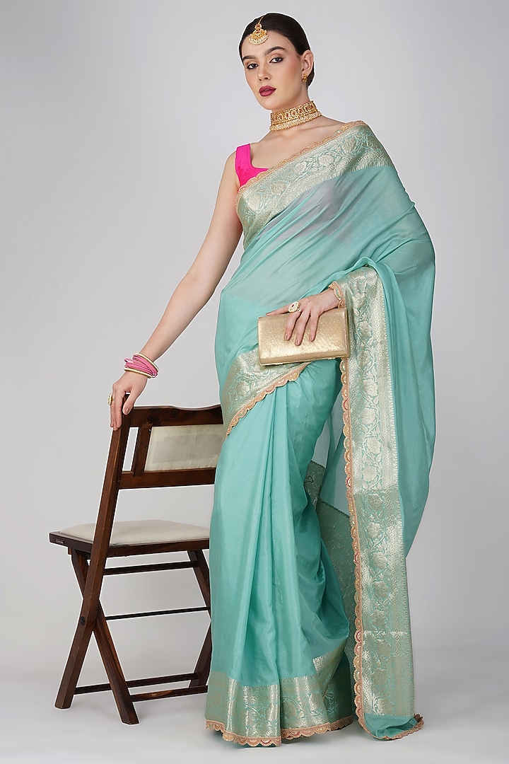 Sea Green Pure Silk Hand Embroidered Banarasi Festive Saree Set by Zal From Benaras at Pernia's Pop Up Shop