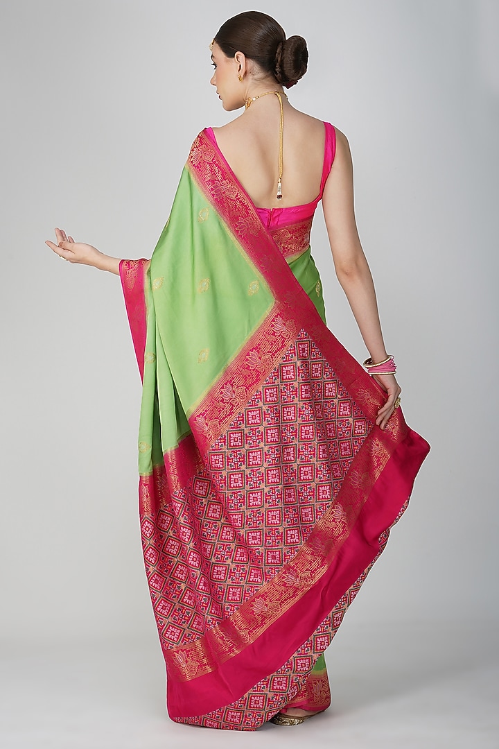 Parrot Green Pure Katan Silk Hand Embroidered Banarasi Party Wear Saree Set by Zal From Benaras at Pernia's Pop Up Shop