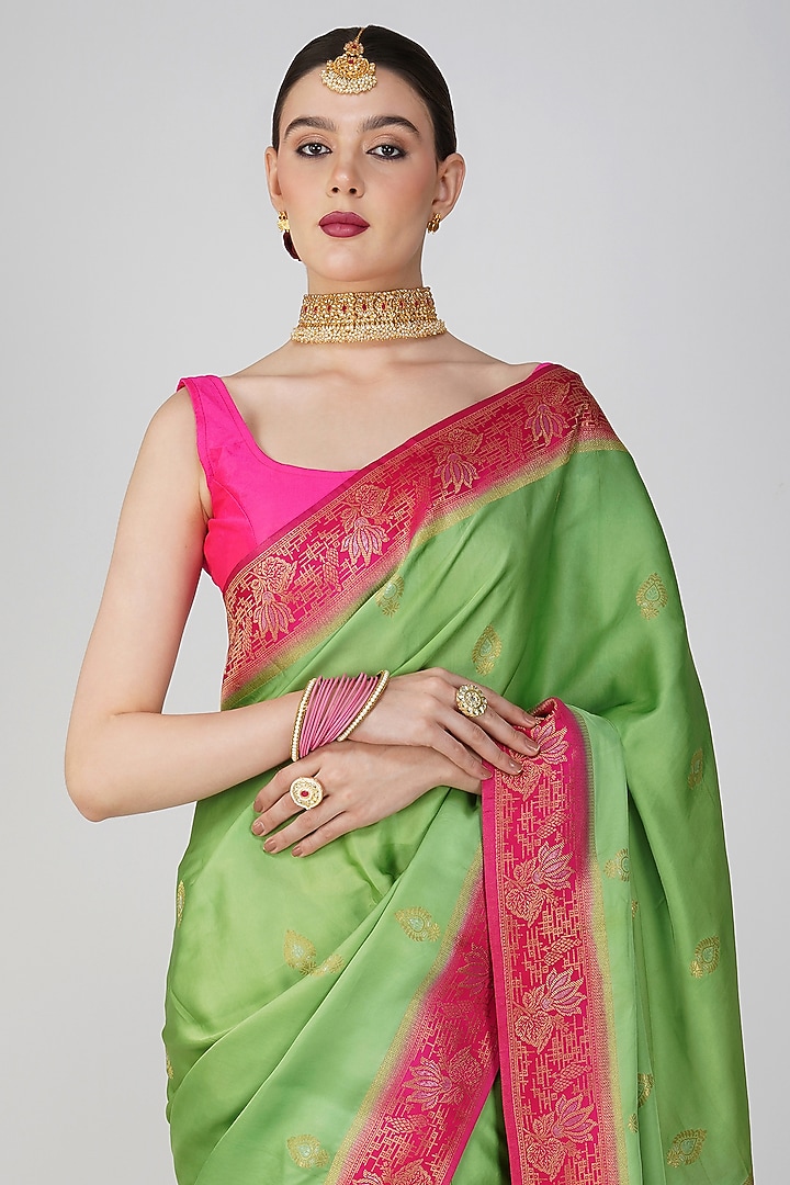 Parrot Green Pure Katan Silk Hand Embroidered Banarasi Party Wear Saree Set by Zal From Benaras at Pernia's Pop Up Shop