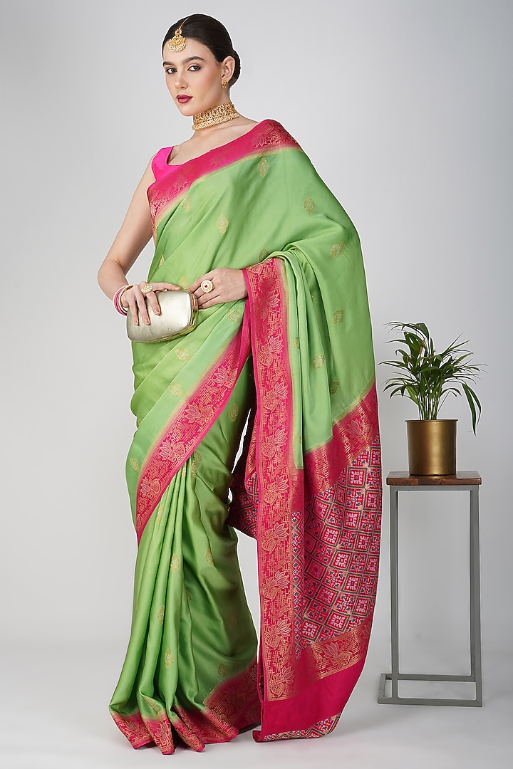 Parrot Green Pure Katan Silk Hand Embroidered Banarasi Party Wear Saree Set by Zal From Benaras at Pernia's Pop Up Shop