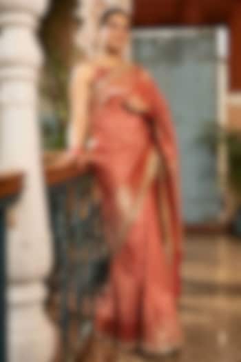 Blush-Red Katan Silk Hand Embroidered Banarasi Party Wear Saree Set by Zal From Benaras at Pernia's Pop Up Shop