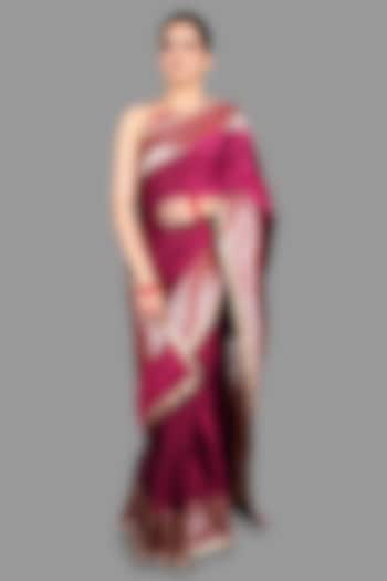 Hot Pink Kanjivaram Silk Hand Embroidered Banarasi Party Wear Saree Set by Zal From Benaras at Pernia's Pop Up Shop