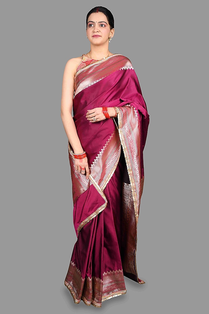 Hot Pink Kanjivaram Silk Hand Embroidered Banarasi Party Wear Saree Set by Zal From Benaras at Pernia's Pop Up Shop