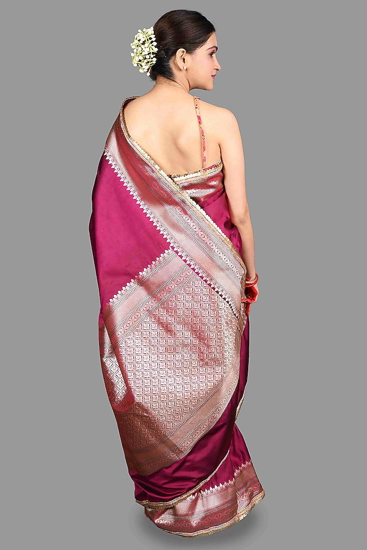 Hot Pink Kanjivaram Silk Hand Embroidered Banarasi Party Wear Saree Set by Zal From Benaras at Pernia's Pop Up Shop