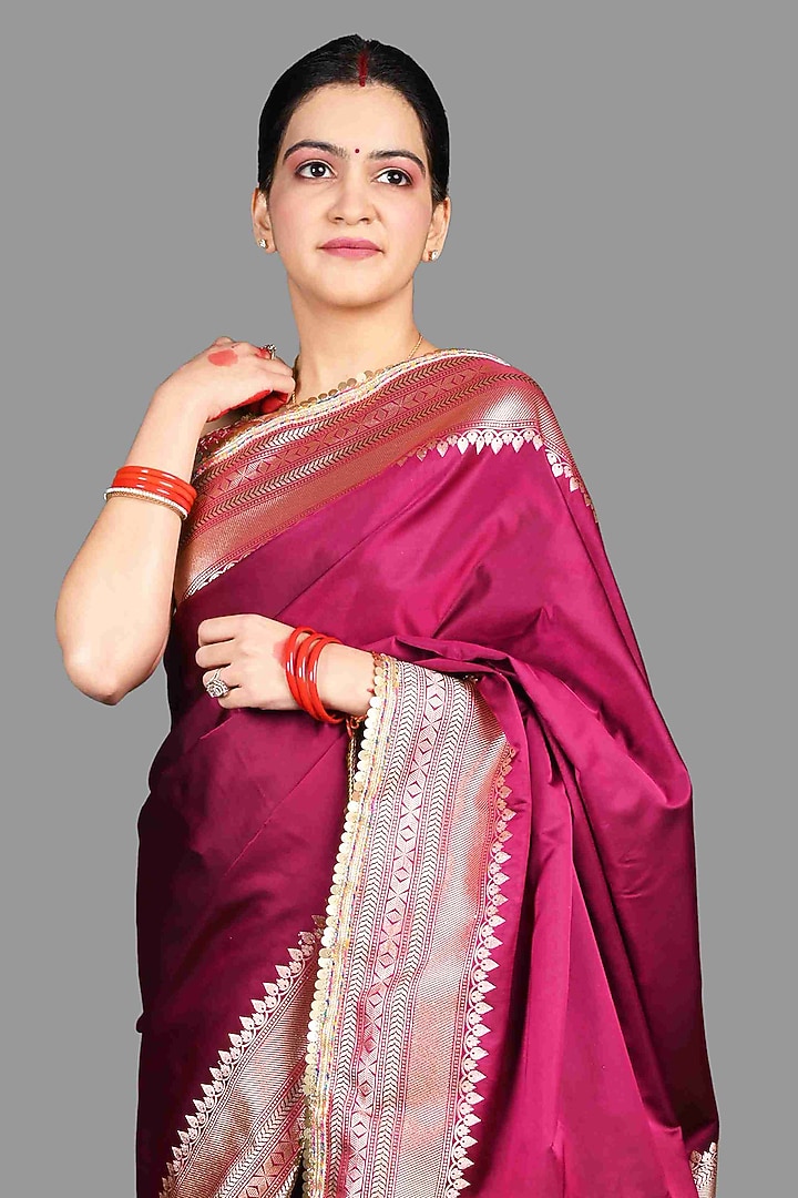 Hot Pink Kanjivaram Silk Hand Embroidered Banarasi Party Wear Saree Set by Zal From Benaras at Pernia's Pop Up Shop