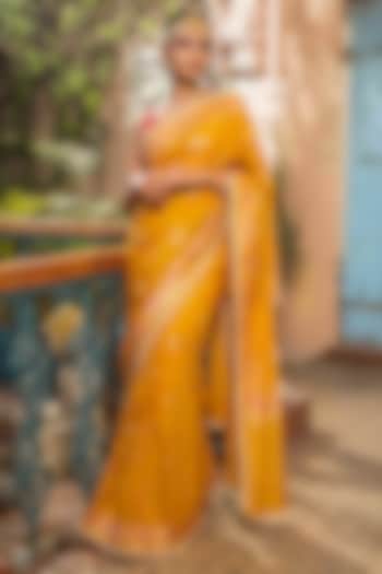 Mustard Yellow Katan Silk Hand Embroidered Banarasi Party Wear Saree Set by Zal From Benaras at Pernia's Pop Up Shop
