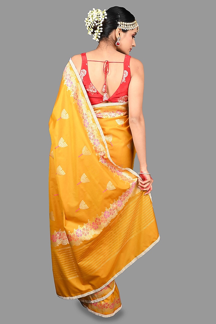 Mustard Yellow Katan Silk Hand Embroidered Banarasi Party Wear Saree Set by Zal From Benaras at Pernia's Pop Up Shop