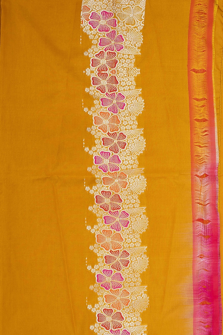 Mustard Yellow Katan Silk Hand Embroidered Banarasi Party Wear Saree Set by Zal From Benaras at Pernia's Pop Up Shop