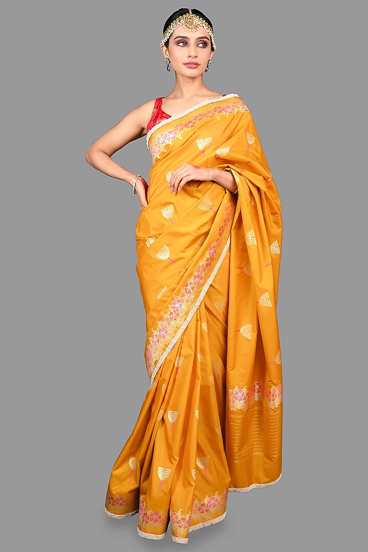 Mustard Yellow Katan Silk Hand Embroidered Banarasi Party Wear Saree Set by Zal From Benaras at Pernia's Pop Up Shop