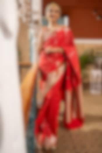 Red Katan Silk Hand Embroidered Banarasi Striped Party Wear Saree Set by Zal From Benaras at Pernia's Pop Up Shop