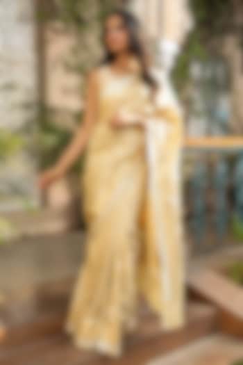 Cream Katan Silk Banarasi Party Wear Saree Set by Zal From Benaras at Pernia's Pop Up Shop