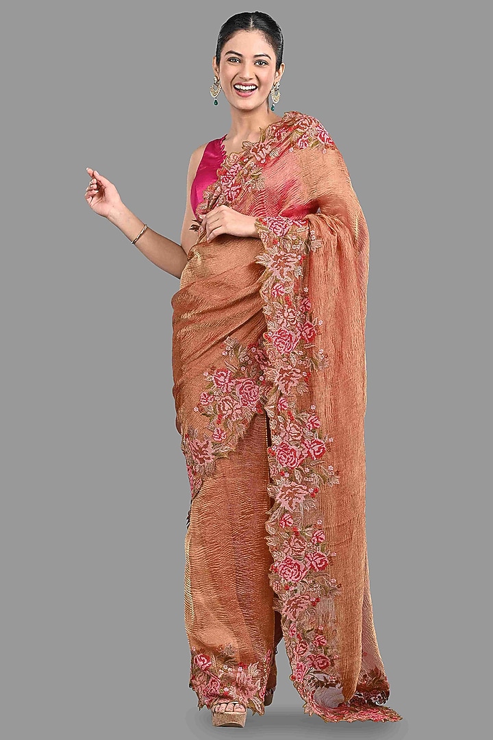 Brown Crushed Tissue Silk Floral Cutwork Banarasi Party Wear Saree Set by Zal From Benaras at Pernia's Pop Up Shop