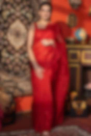 Red Pure Organza Silk Hand Embroidered Party Wear Saree Set by Zal From Benaras at Pernia's Pop Up Shop