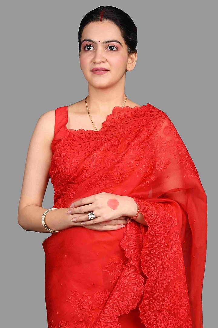 Red Pure Organza Silk Hand Embroidered Party Wear Saree Set by Zal From Benaras at Pernia's Pop Up Shop