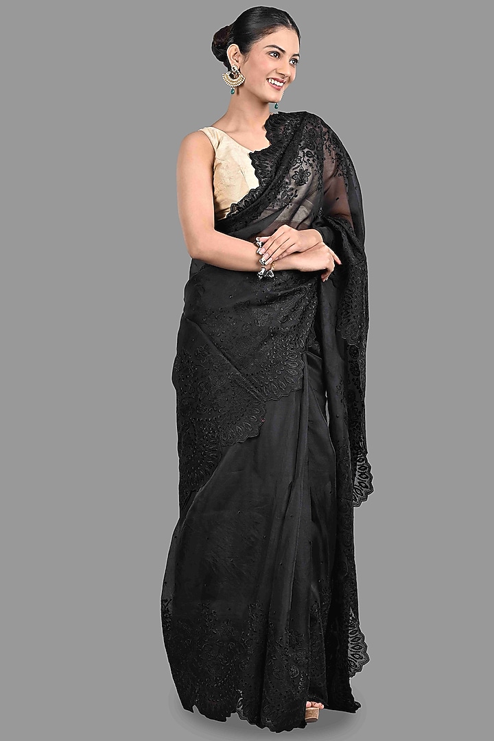 Black Organza Silk Chikankari Hand Embroidered Party Wear Saree Set by Zal From Benaras at Pernia's Pop Up Shop