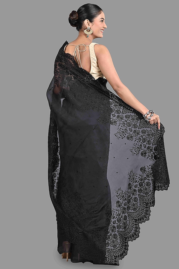Black Organza Silk Chikankari Hand Embroidered Party Wear Saree Set by Zal From Benaras at Pernia's Pop Up Shop
