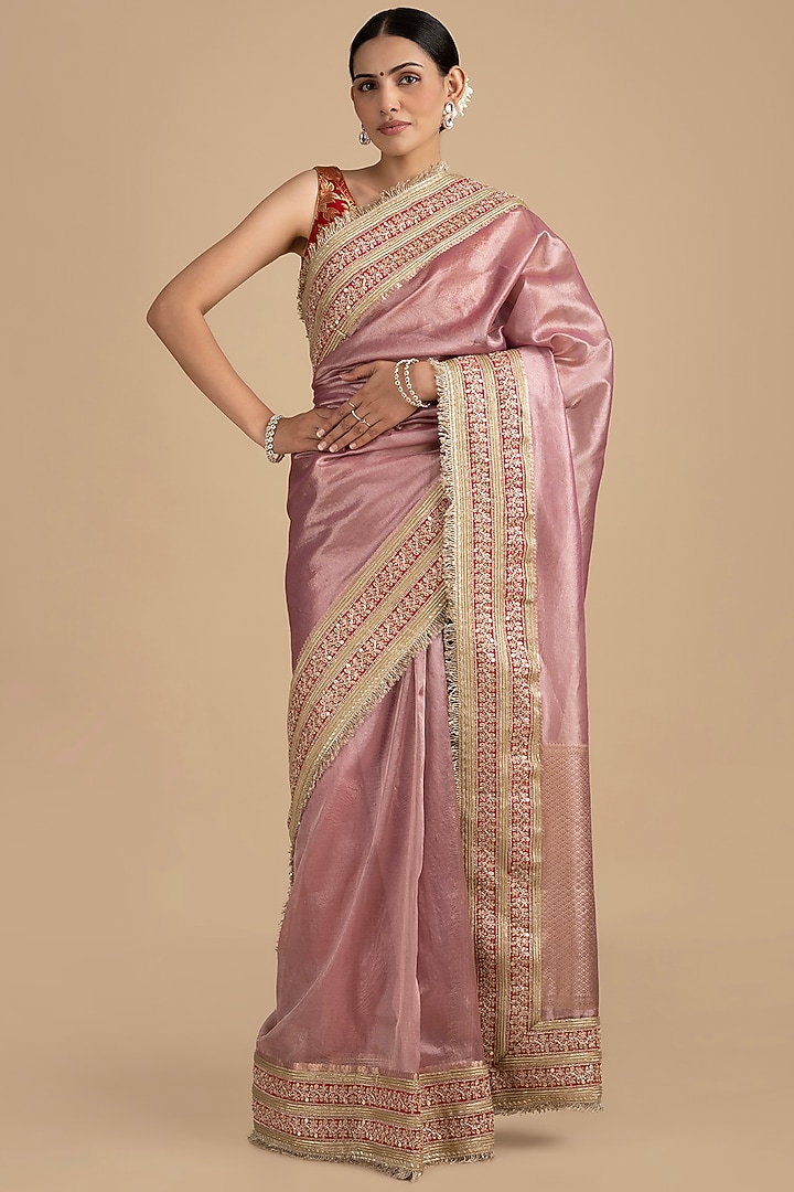 Pastel Pink Pure Tissue Silk Hand Embroidered Banarasi Party Wear Saree Set by Zal From Benaras at Pernia's Pop Up Shop
