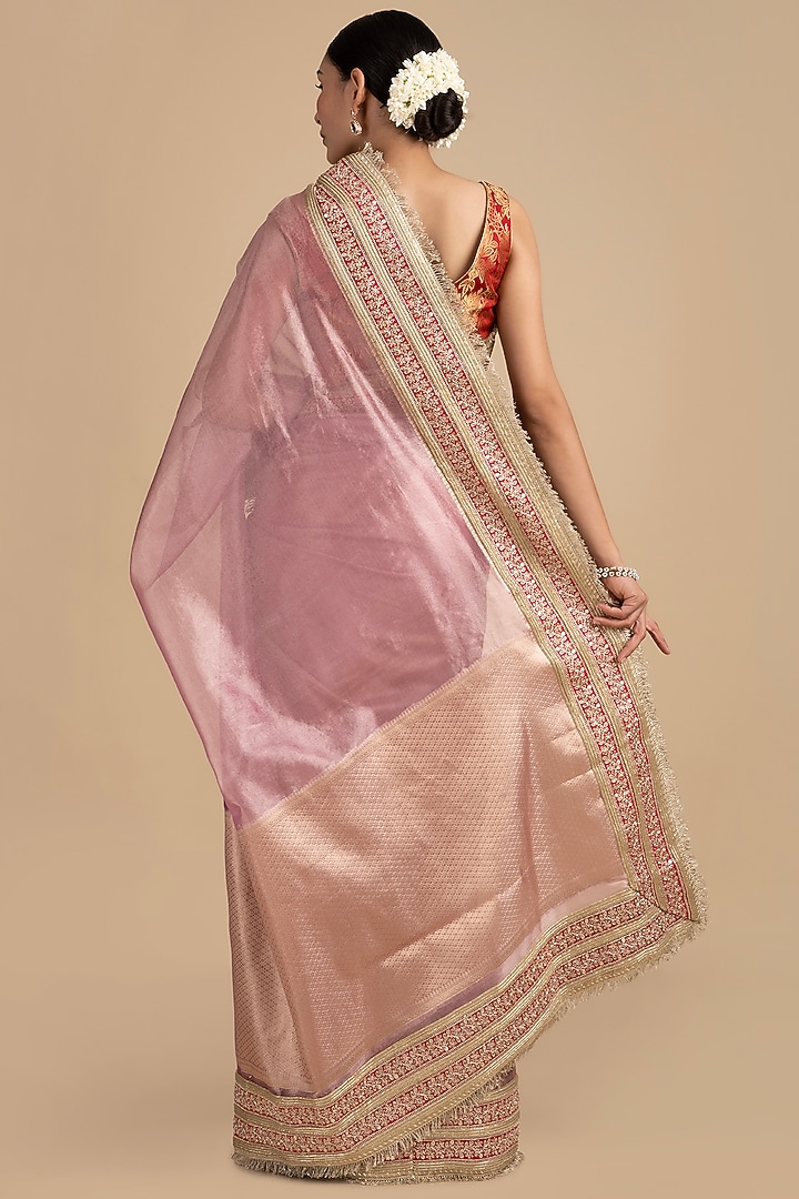 Pastel Pink Pure Tissue Silk Hand Embroidered Banarasi Party Wear Saree Set by Zal From Benaras at Pernia's Pop Up Shop