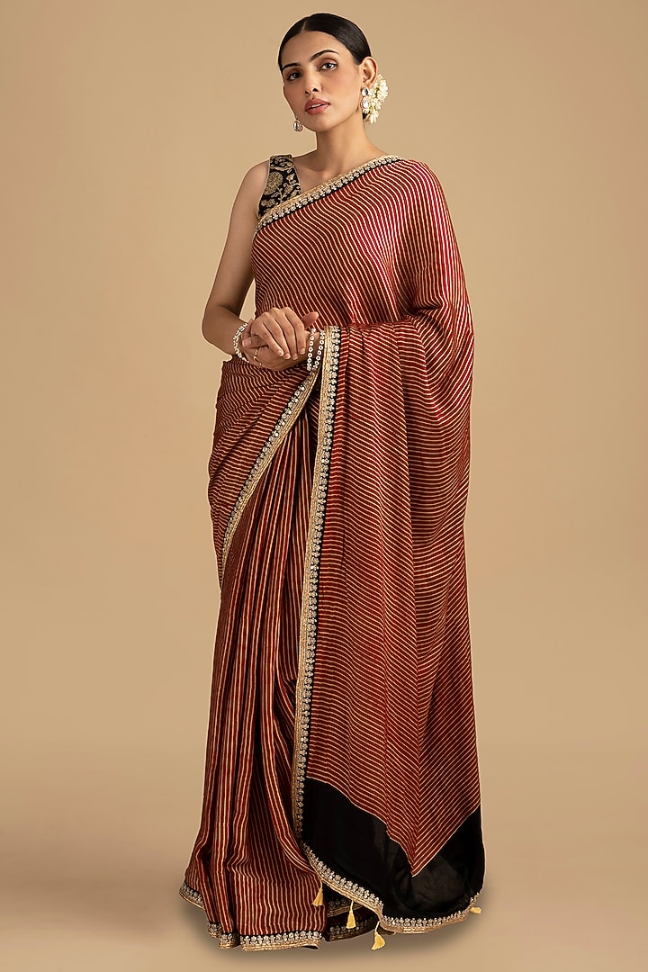 Red Crepe Silk Zari Work & Bandhej Striped Banarasi Party Wear Saree Set by Zal From Benaras at Pernia's Pop Up Shop