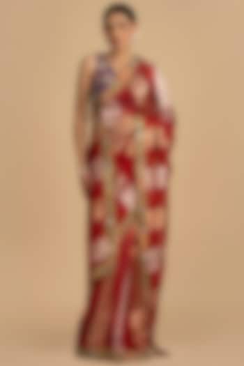 Red Pure Organza Silk Zari Work Banarasi Handloom Party Wear Saree Set by Zal From Benaras at Pernia's Pop Up Shop