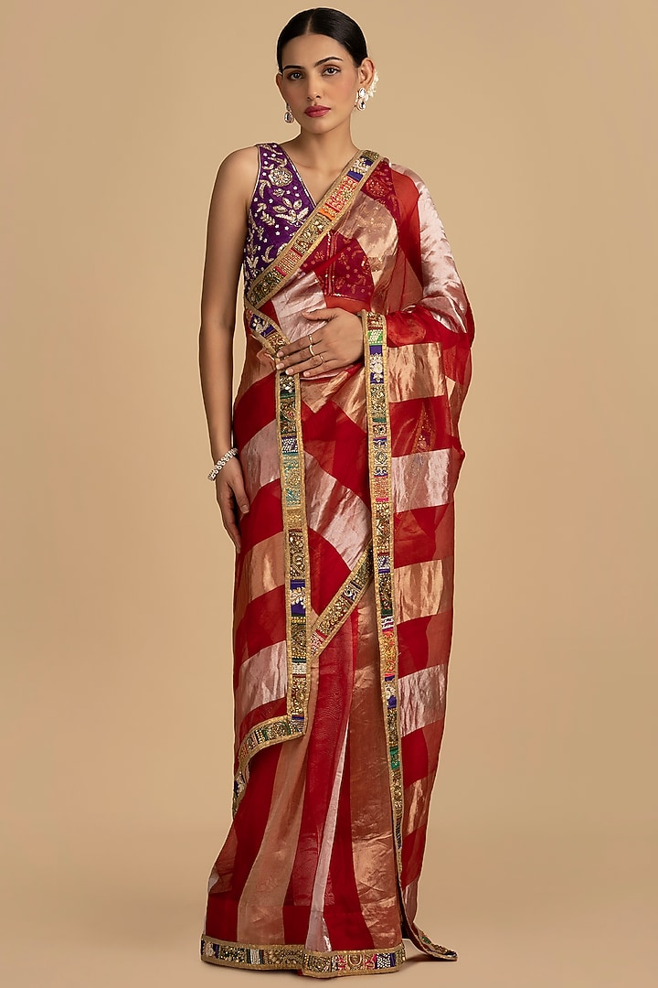Red Pure Organza Silk Zari Work Banarasi Handloom Party Wear Saree Set by Zal From Benaras at Pernia's Pop Up Shop