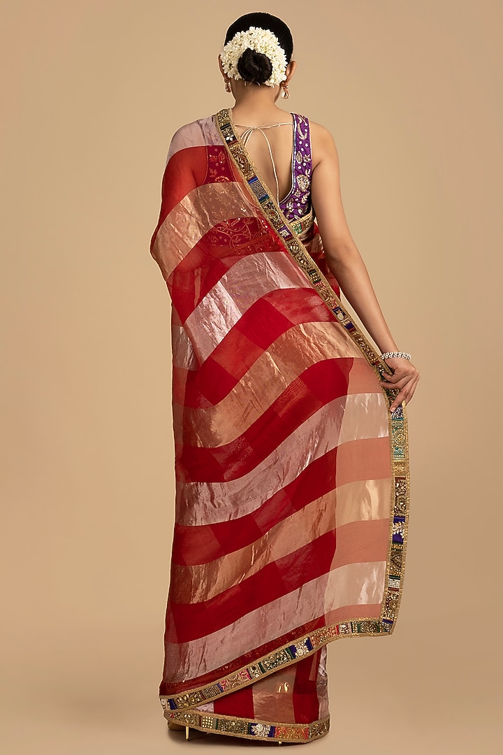 Red Pure Organza Silk Zari Work Banarasi Handloom Party Wear Saree Set by Zal From Benaras at Pernia's Pop Up Shop