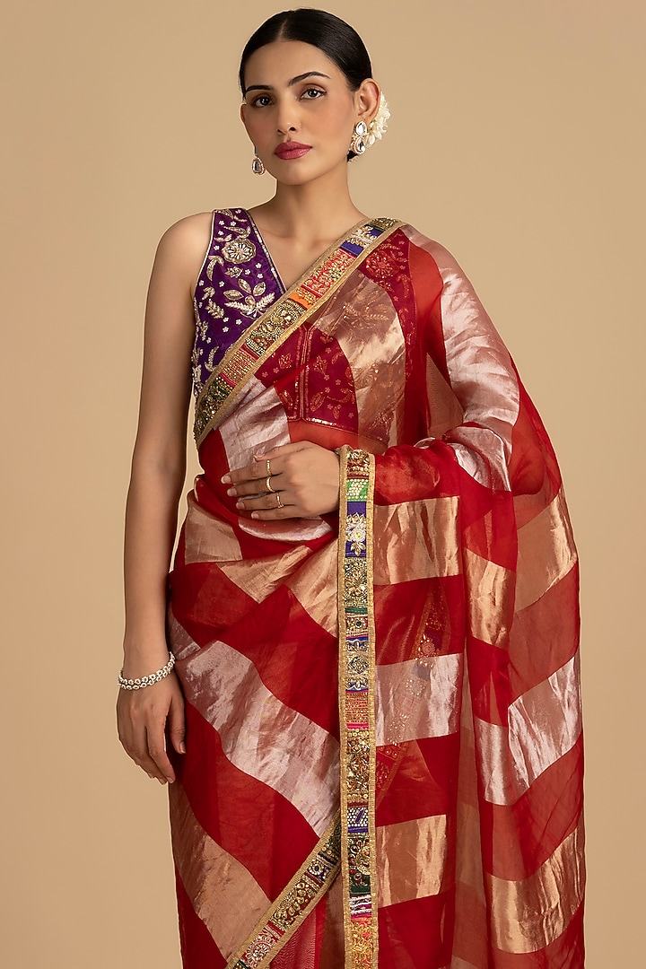 Red Pure Organza Silk Zari Work Banarasi Handloom Party Wear Saree Set by Zal From Benaras at Pernia's Pop Up Shop