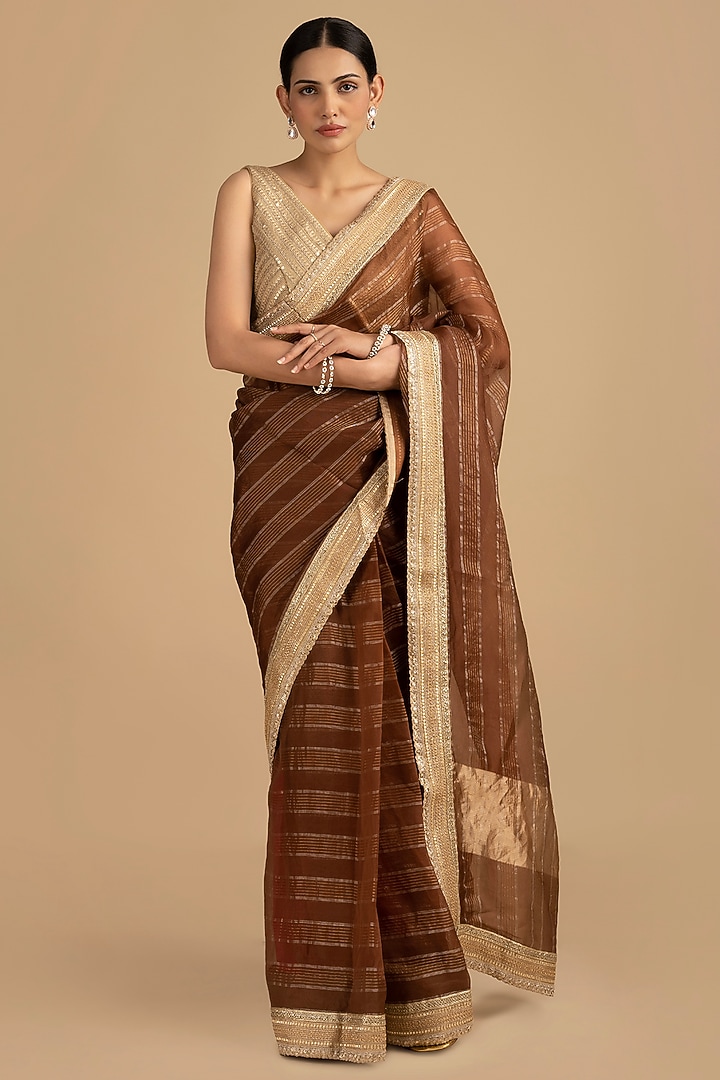 Copper Brown Pure Tissue Silk Zari Work Banarasi Party Wear Saree Set by Zal From Benaras at Pernia's Pop Up Shop