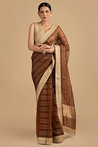 Copper Brown Pure Tissue Silk Zari Work Banarasi Saree Set by Zal From Benaras