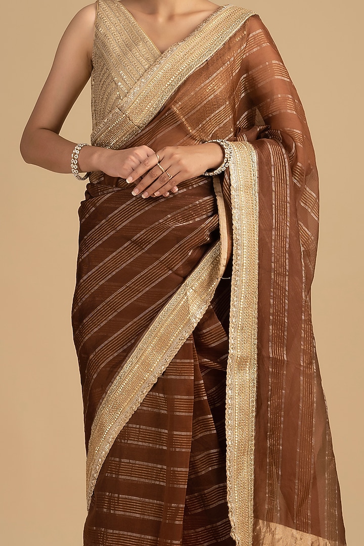 Copper Brown Pure Tissue Silk Zari Work Banarasi Party Wear Saree Set by Zal From Benaras at Pernia's Pop Up Shop