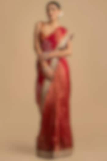 Red & Pink Tissue Silk Hand Embroidered Banarasi Party Wear Saree Set by Zal From Benaras at Pernia's Pop Up Shop